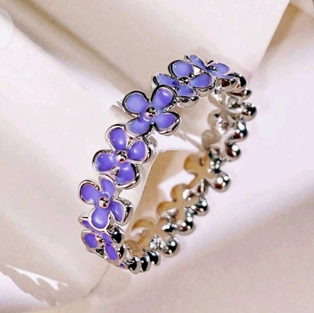 Flowers Silver Ring - Size 7 & 8 (PINK, BLUE & PURPLE)